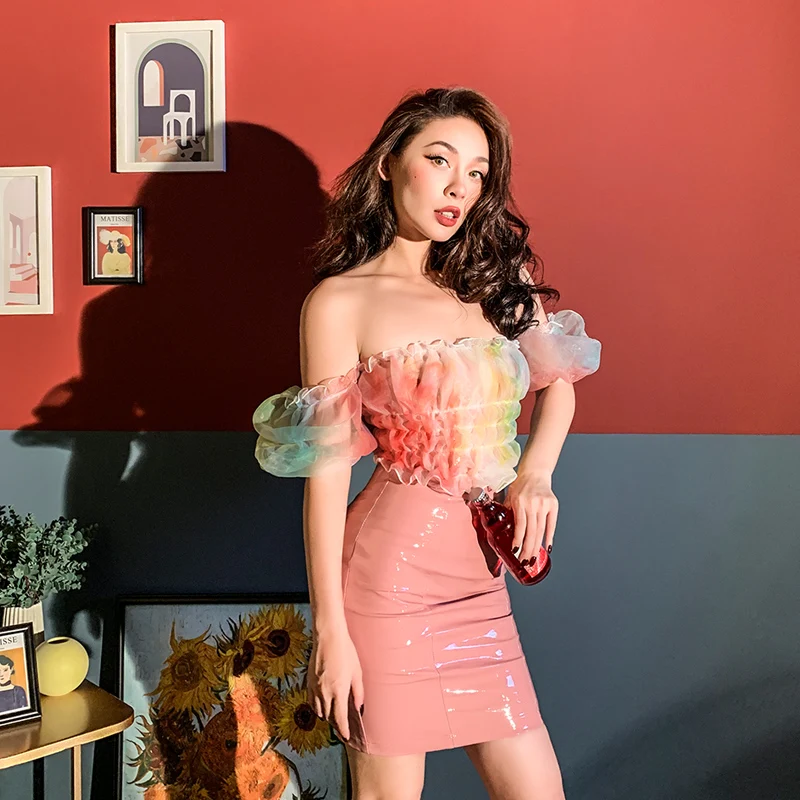 

2019 Special Design Rainbow Girl Organza Gradient Puff Sleeve High Street Transparent Elastic Women Tops Blouse