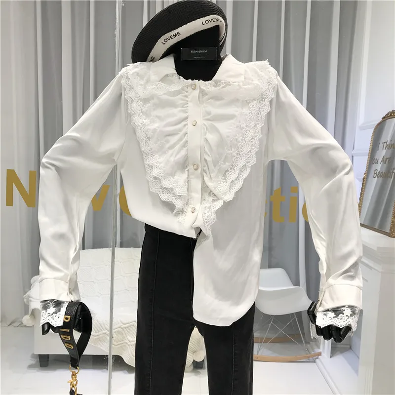ALPHALMODA зима дизайн кружевная отделка длинный рукав рубашка Женская Формальная тонкая универсальная блузка Топ