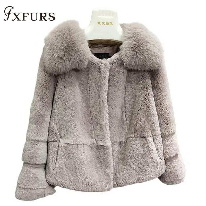 

2019 New Women Winter Rex Rabbit Fur Jackets Short Lady's Warm Real Fur Coats Fox Fur Collars Whole SKin Fur Clothings Outwear