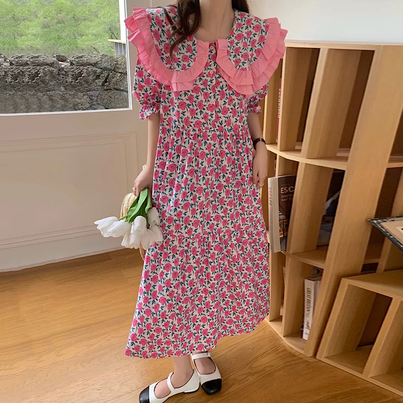 

2021 Summer Sweet Double-layer Peter Pan Collar Flower Print Loose Puff Sleeve A-LINE Dresses for Women X404