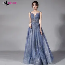 Платье для выпускного вечера с синими блестящими пайетками, сексуальные женские вечерние платья с v-образным вырезом, ТРАПЕЦИЕВИДНОЕ длинное платье без рукавов с кристаллами, Vestidos De Gala ES3076