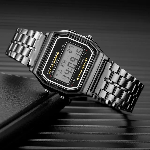 Fashion Digital Men's Watches Luxury Stainless Steel Link Bracelet Wrist Watch Band Business Electronic Male Clock Reloj Hombre black
