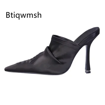 

Luxury Satin Mules Femme Pointed Toe Black White High Heel Shoes Woman Sexy Slipper Sandals