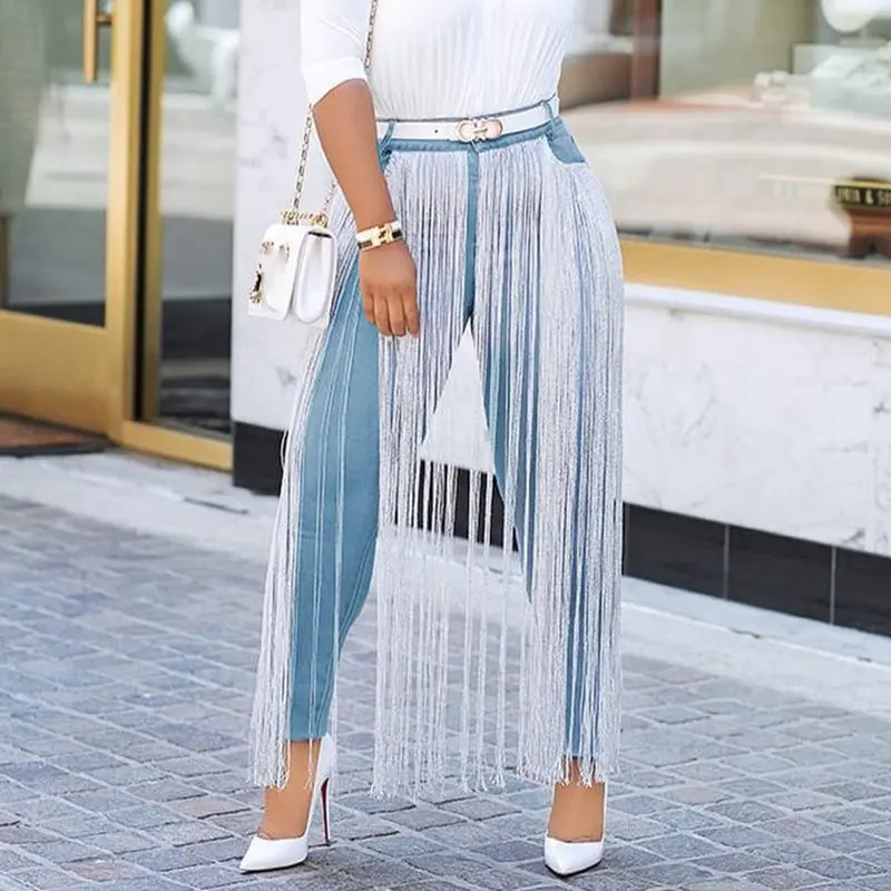 

Trendy Tassel Skinny Denim Jeans 2019 Spring Autumn Stretchy Jeans Blue High Waist Denim Long Pencil Pants Trousers Big Size 2XL