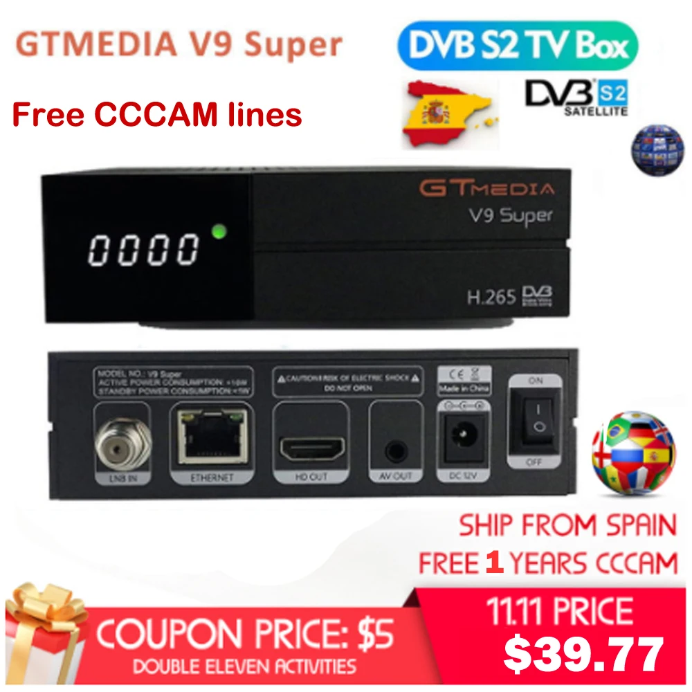 Супер Спутниковый ресивер Gtmedia V9 с 2 летним Cccam Cline Freesat V9 встроенный wifi такой же как Gtmedia V8 Nova