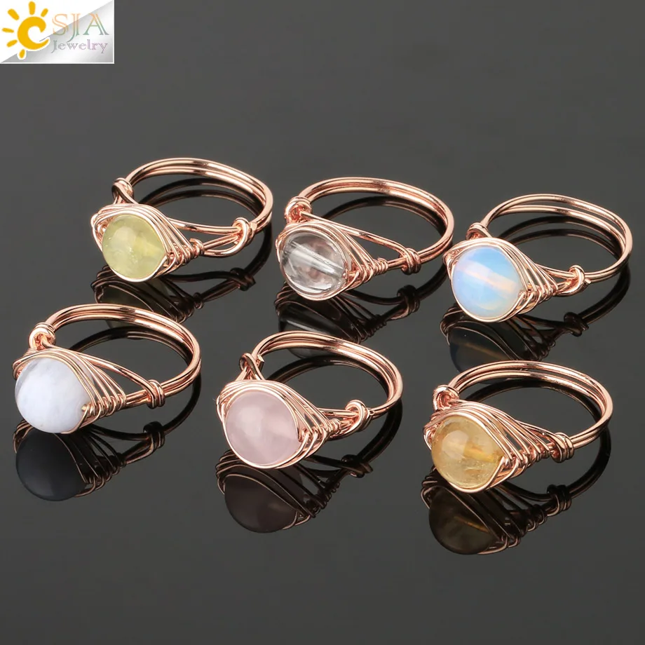 Round Natural Stone Ring Rose Gold Color Wire Wrap Handmade