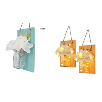 

Creative Wooden Board Led Mason Jar Lantern Simulation Eternal Flower Wooden Wall Lamp Retro Garden Lantern