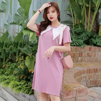 

Women's summer solid color navy collar embroidery dress plus size knee length casual dress 100 kg can be worn