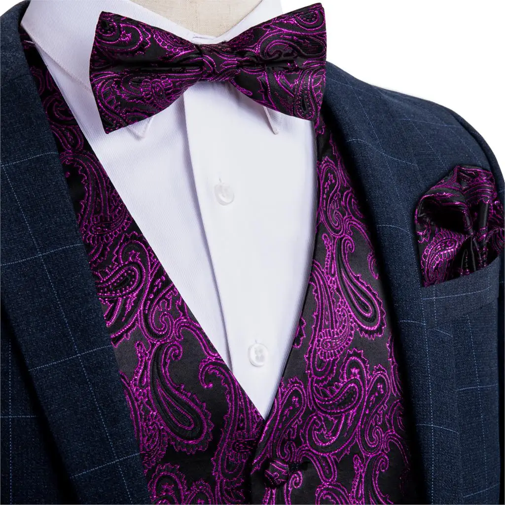 Men's Purple Black Paisley Silk Wedding Waistcoat Vest For Men Bowtie Hanky Cufflinks Cravat Set for Suit Tuxedo DiBanGu MJ-121