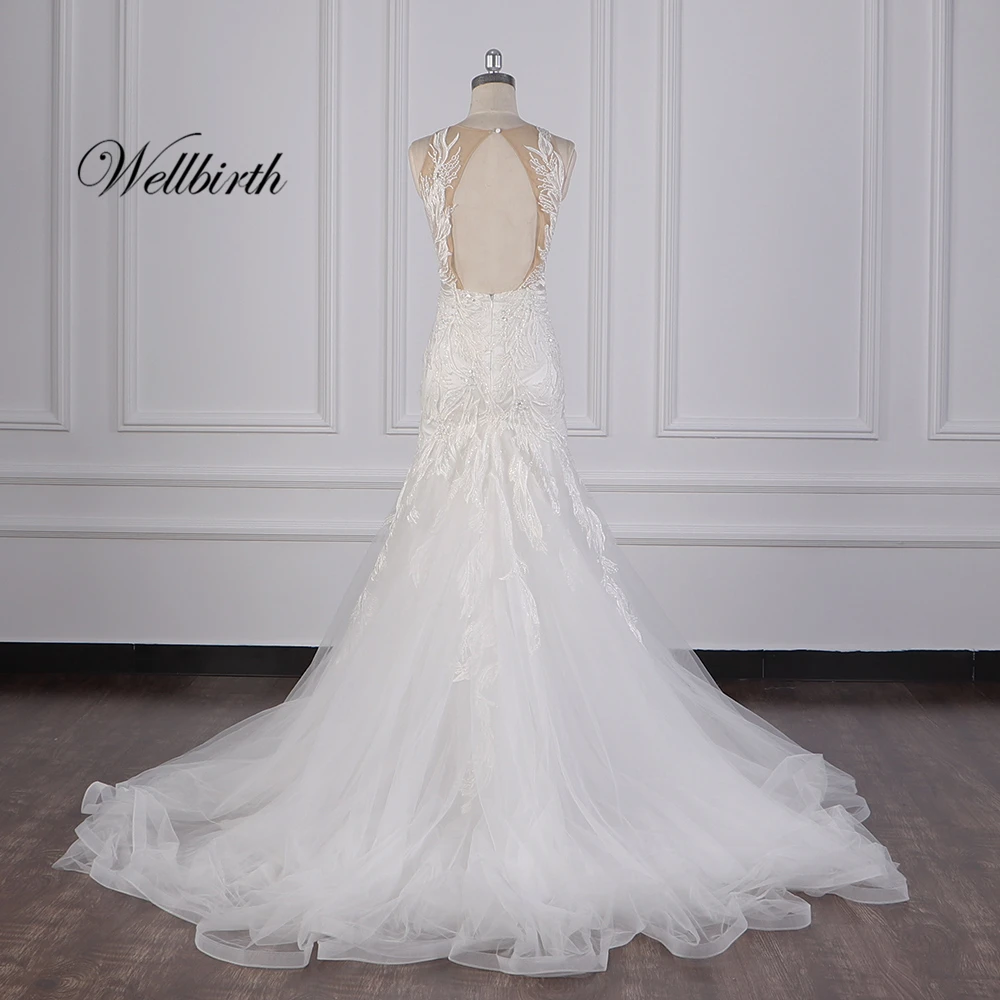 Реальное изображение Wellbirth Vestido de novia с глубоким вырезом, без спинки, свадебное платье русалки с коротким рукавом, свадебное платье JC028