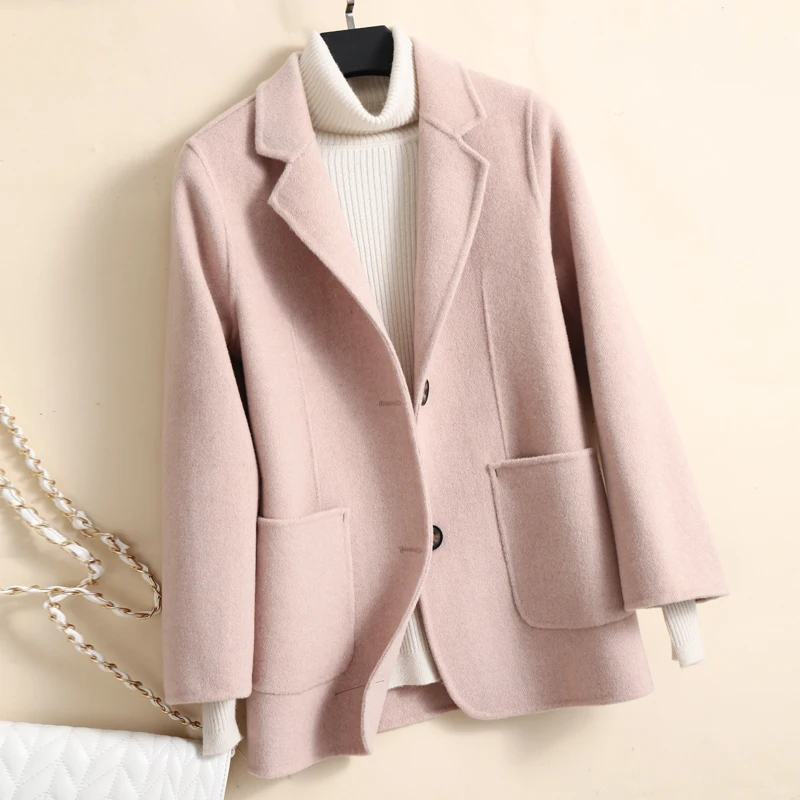 Pink AreMoMuWha Двусторонняя кашемирвое пальто женское Осень Зима Новое тонкое Короткое шерстяное пальто костюм из чистой шерсти шерстяное пальто QX1306 - Цвет: Pink