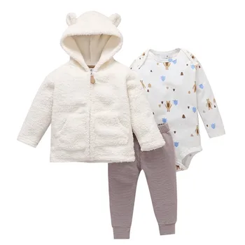 

Baby Boys Girls Cartoon Pants Baby's Sets Three-Piece Romper Long-Sleeved Trousers Hooded Jacket Bodysuit