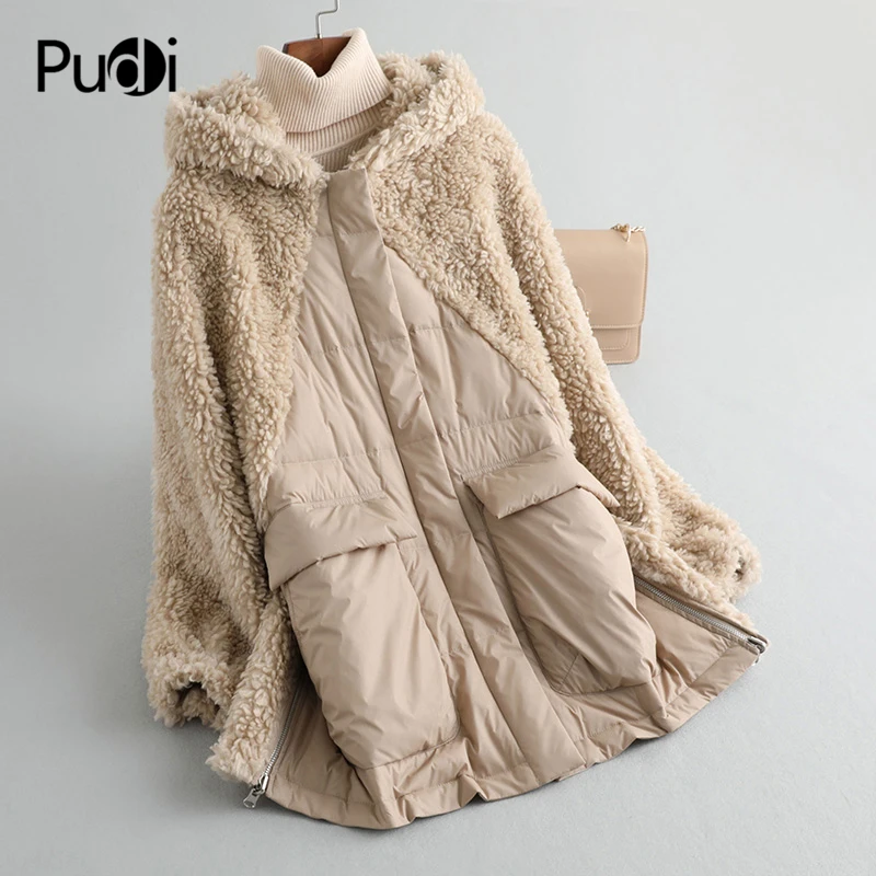 PUDI A59233 Women Winter Polyester Fabric Real Wool Fur Down Warm Jacket Small Camel Girl Coat Lady Long Overcoat | Женская одежда