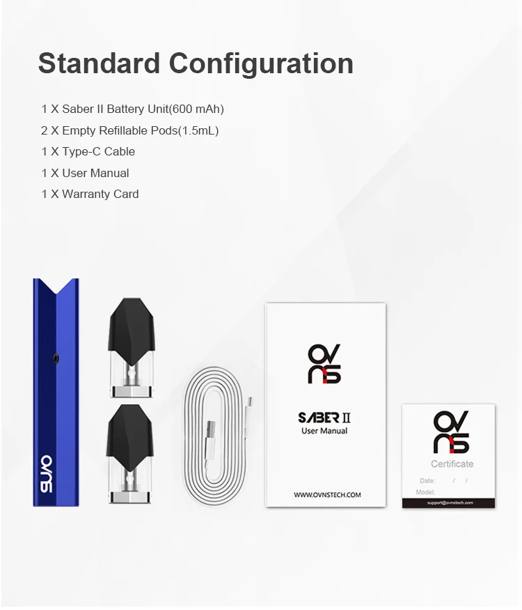 OVNS Saber II Pod Kit встроенный 600 мАч Pod система комплект с 1,5 мл емкость картриджа и Ом двойной ON-S ватной катушкой vs w01