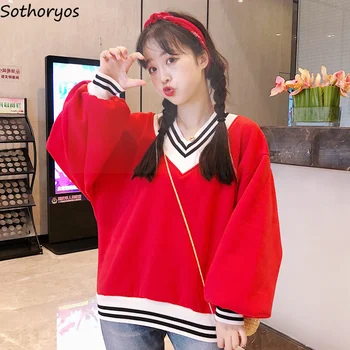 

Hoodies Women Autumn V-Neck Thicker Plus Velvet Warm Striped Kawaii Sweatshirts Womens Puff Sleeved All-match Korean Style Cute