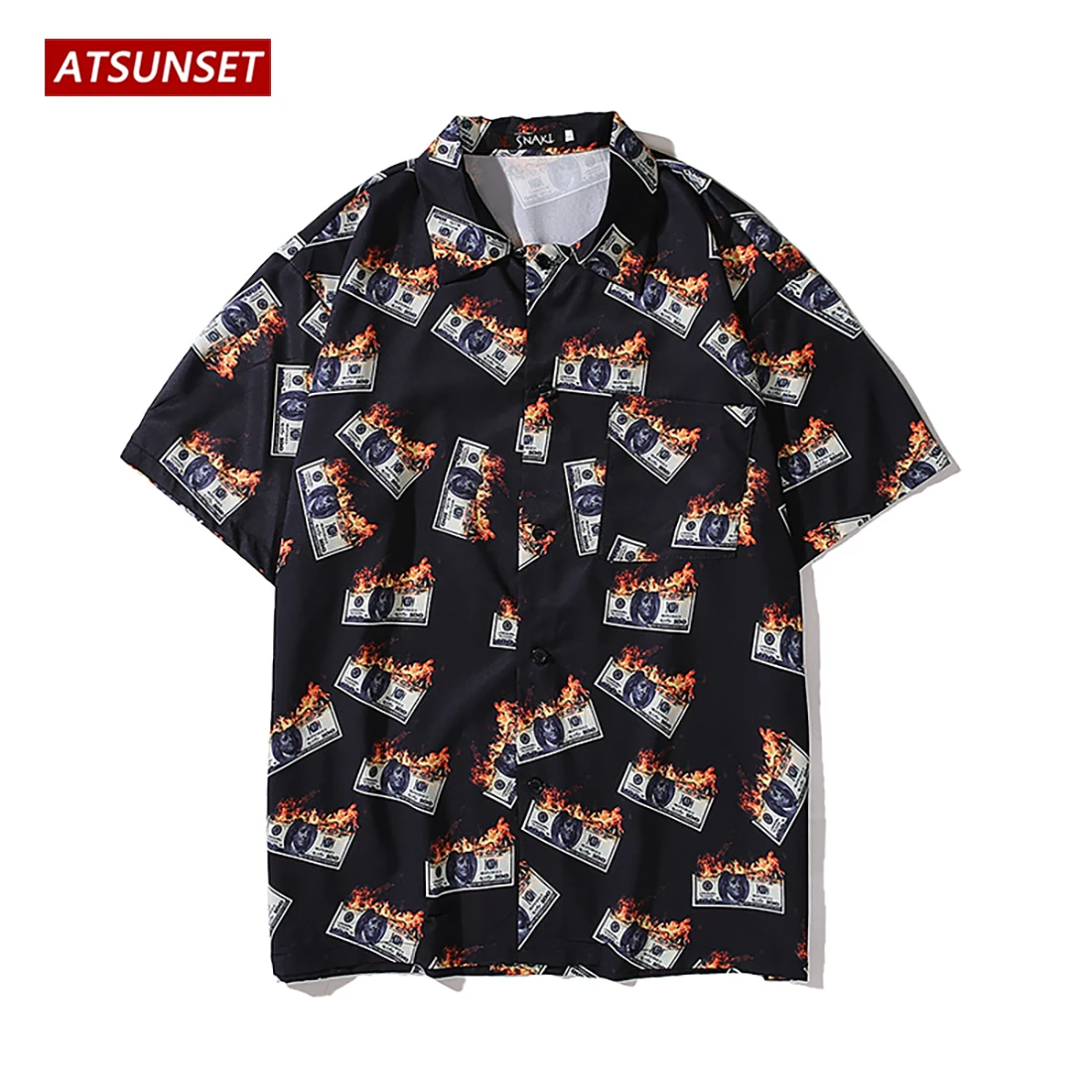 ATSUNSET Burning Dollar Print  Shirt Hawaiian Streetwear Harajuku Shirt Short Sleeve Cotton Fashion Tops