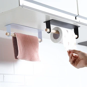 

Kitchen Non-perforated Self-adhesive Roll Paper Toilet Paper Holder Towel Wooden Storage Rack Hanging Nail-free Cabinet Rack