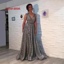 Блестящее блестящее серое платье для выпускного вечера длинное ТРАПЕЦИЕВИДНОЕ ПЛАТЬЕ С v-образным вырезом длиной до пола арабское вечернее платье Vestido Longo De Formatura