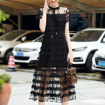 

Sexy See-Through Lace Ruffled Short-Sleeved Bow Black Party Slim-Fit Mid-Length Dress Spring Summer New Women'S High Quality