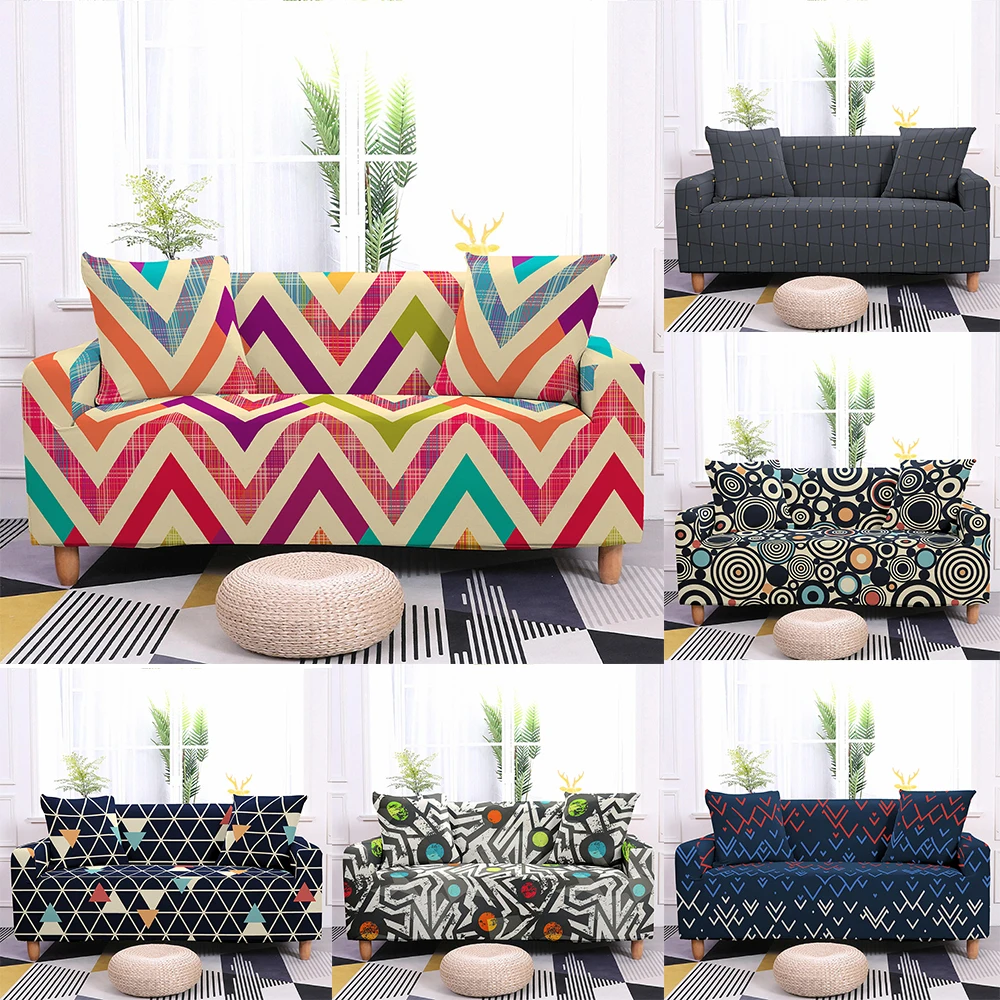 

Retro Geometric Stripe Pattern Elastic Sofa Cover Stretch Slipcovers Single Sectional Couch Corner Cover Protective Cover