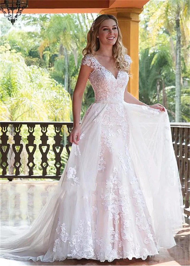 

Retro V-Neck Short Sleeves Appliques Lace Mermaid Wedding Dresses Two Piece Bridal Gowns 2020 Custom V-Shape Back Bride Gown