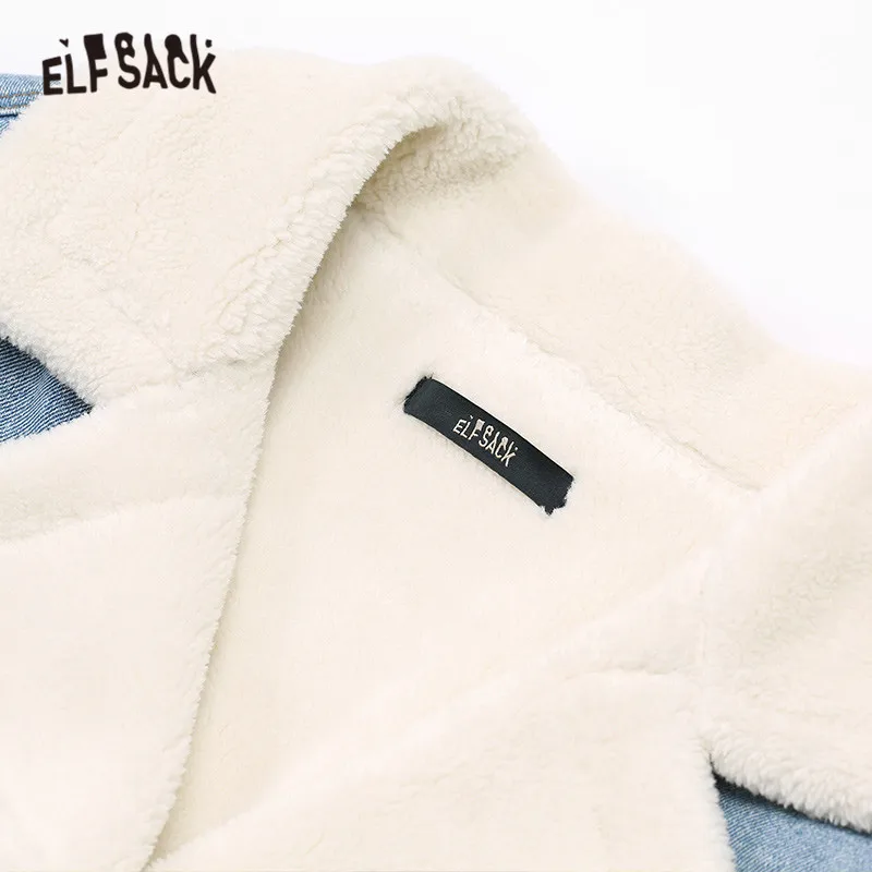 awesome ELFSACK Blue Floral Printed Teddy Lazy Women Denim Coat 2019 Winter New Polar Fleece Straight Casua