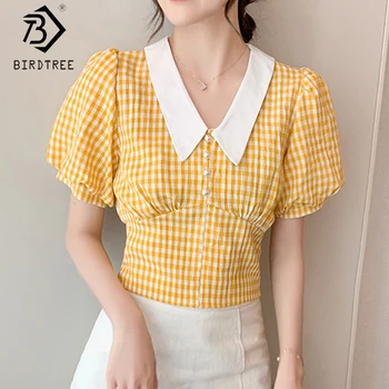 

Plaid Women Shirts 2020 Summer Peter pan Collar Short Puff Sleeve Beading Chiffon Blouses Tops All Match T05024K
