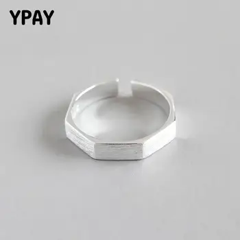 

YPAY 100% Genuine 925 Sterling Silver Adjustable Ring for Women Geometric Six Pointed Brushed Hexagonal Open Rings Gifts YMR642