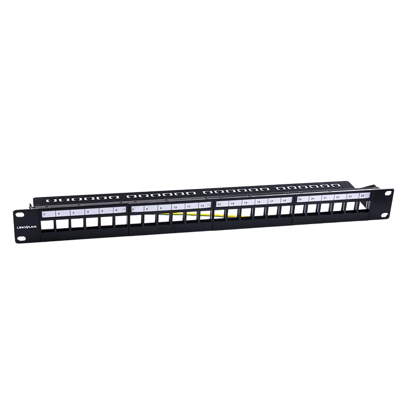 24Port Unload Empty Modular Blank Patch Panel 19" 1U Rack Moun Includes Cable Manager Support Bar Front Plate With Label Field