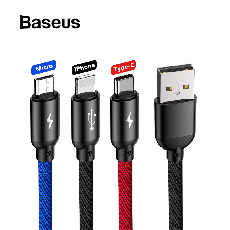 

Baseus 3 in 1 USB Cable for iPhone Type C Micro USB Car Charger for Samsung S9 Huawei Charging Cable 3.5A Fast Charging Cord