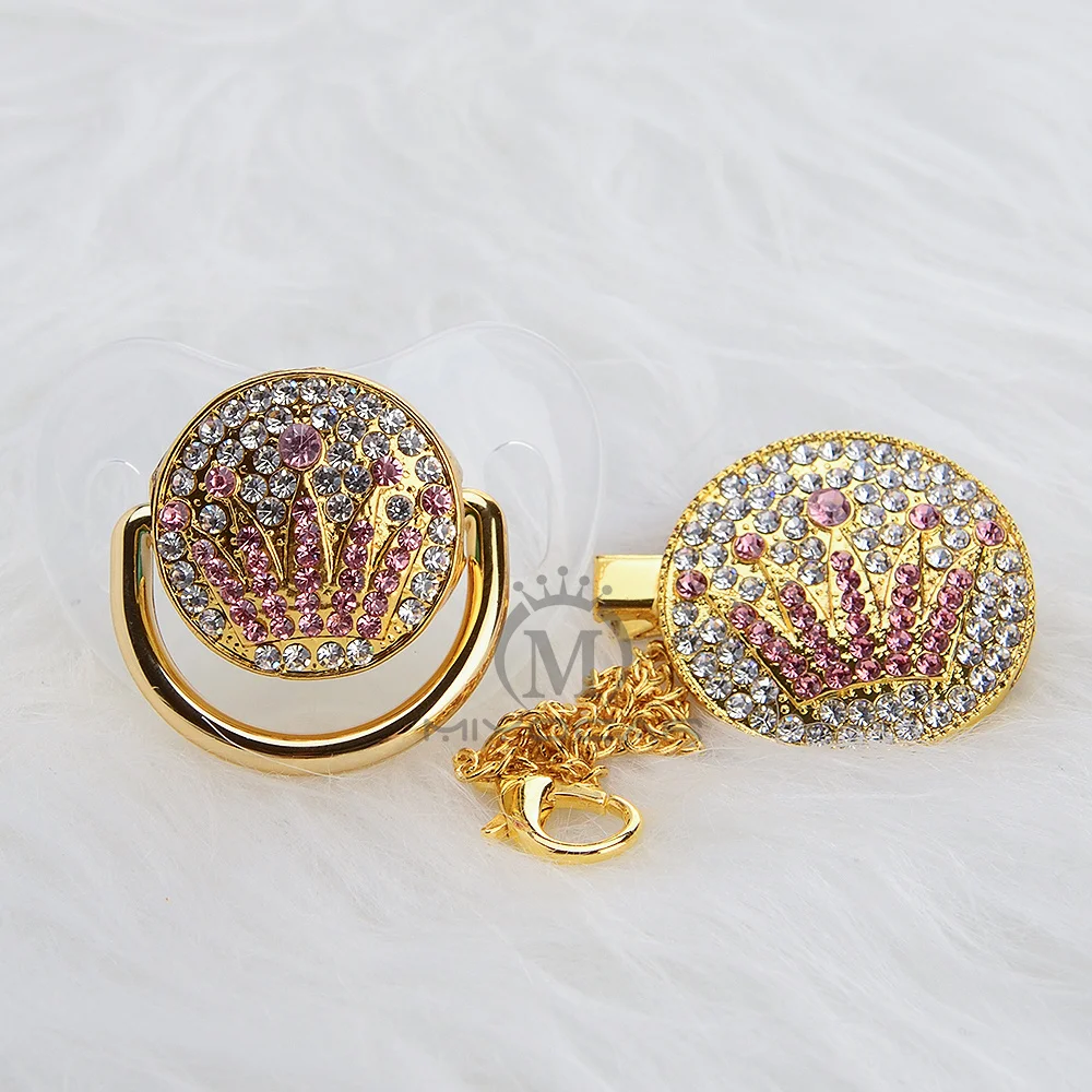 BLING bling из золота с уникальным дизайном розовая Корона соска и клип набор BPA бесплатно sgs пройти безопасное детское зубное кольцо держатель APCG