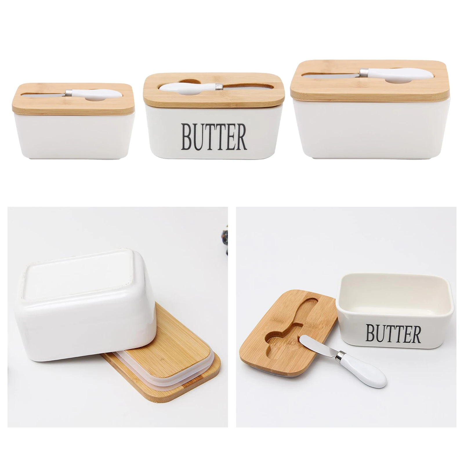 Butter Dish Ceramic Butter Container Keeper with Wooden Lid and Steel Knife, Eay to Clean, 2 Sizes Available to Choose