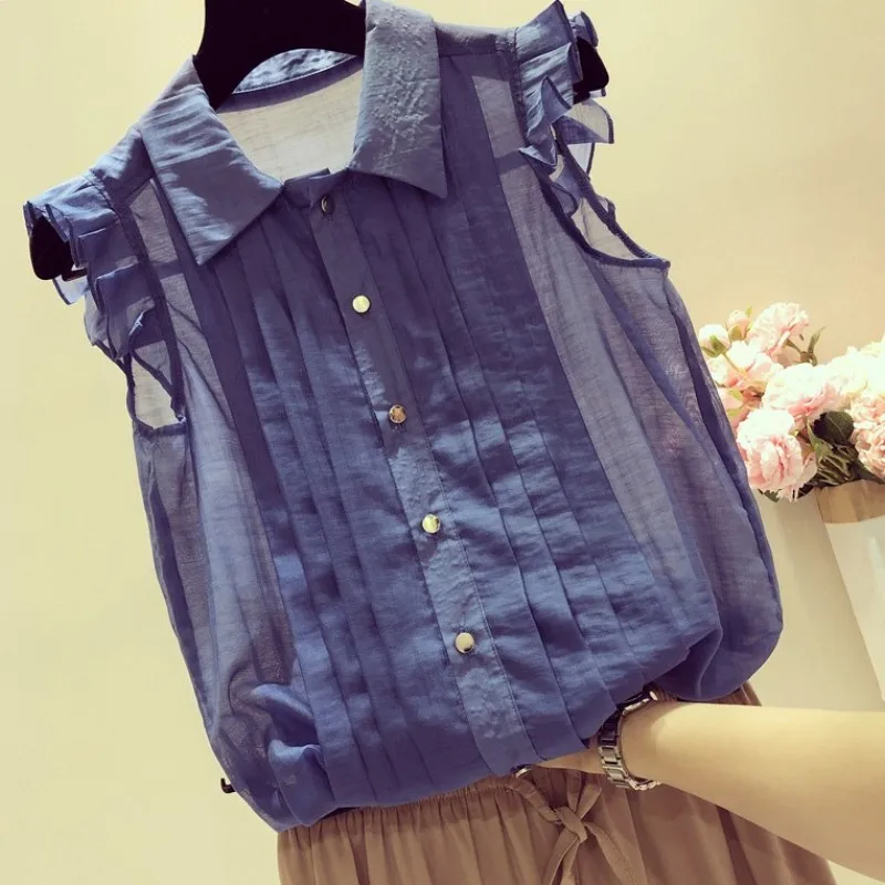 

Chiffon Pleated Women Shirts 2020 Summer New Turn-Down Collar Ruffles Sleeveless Slim Office Lady Elegant Shirts Outwear Coats