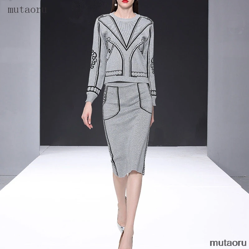 

Runway Design Sweater and skirt 2 Piece set Fall Winter New Personality graffiti print Knitted Jumpers and Bodycon Skirt suit