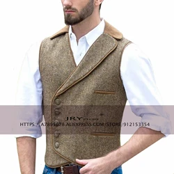 Summer Men's 5 Button Herringbone Tweed Vest Tailored Collar Suit Vests