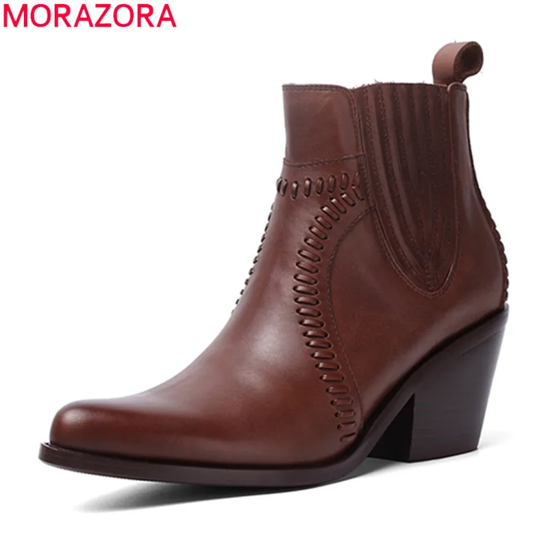 

MORAZORA 2020 new arrive fashion genuine leather women boots thick high heels pointed toe 2 colors ankle boots western shoes