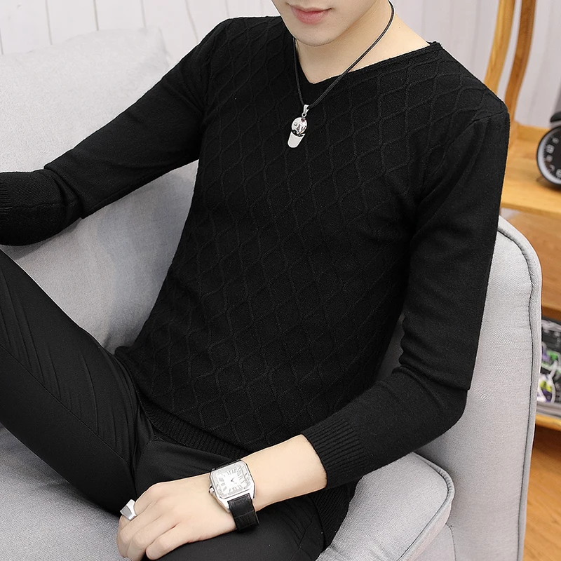 

2019 spring and autumn uomo sweater Korean men's V-neck slim head long-sleeved Plaid thin section Chinese Style Beige Gray