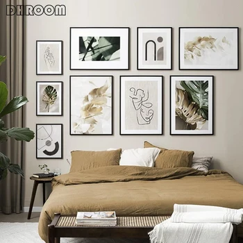 

Plant Golden Gallery Wall Art Abstract Line Geometric Pattern Canvas Poster Nordic Print Scandinavian Decoration Painting