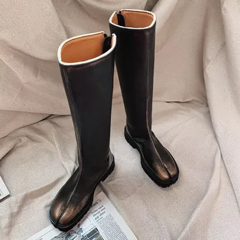 

Retro Split Toe Black Women Boots Autumn Winter New Color Toe Women's Shoes Side Zipper Flat Boots Motorcycle Boots Square Heels