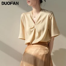 

DUOFAN Satin Shirt Women 2021 Summer New Short-sleeved Design Sense Hedging Twisted Wild Small Loose V-neck Shirt