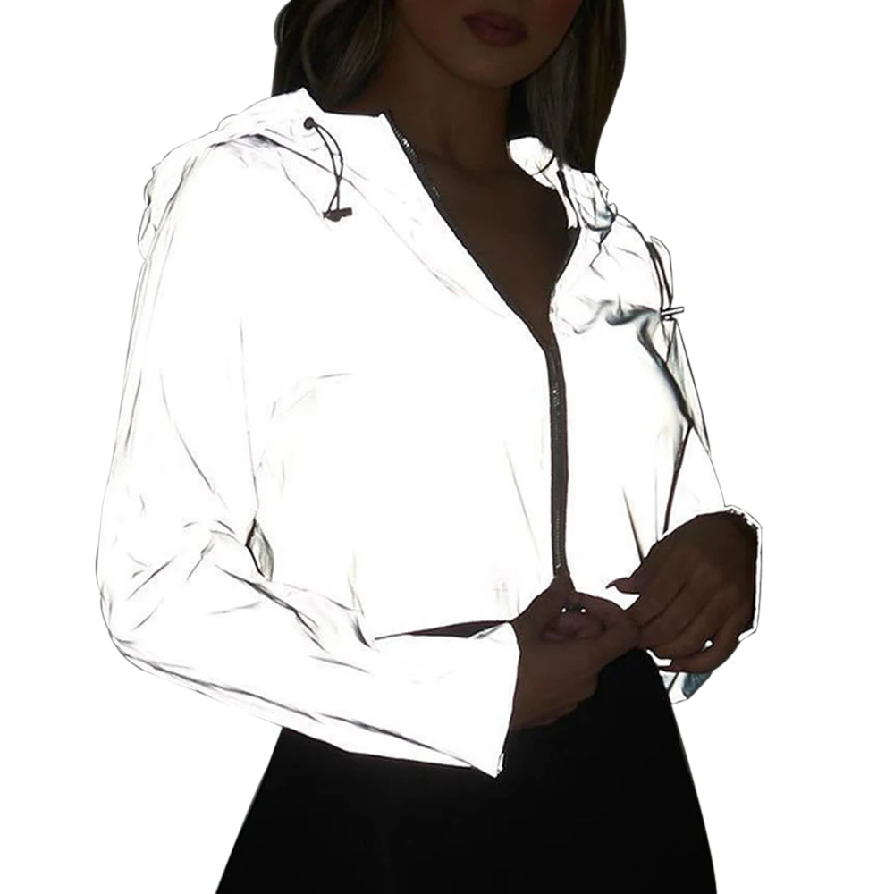 Осенняя Светоотражающая Женская куртка, повседневное Спортивное короткое пальто с капюшоном, женский укороченный топ Casaco Feminino Sudadera, женская уличная одежда