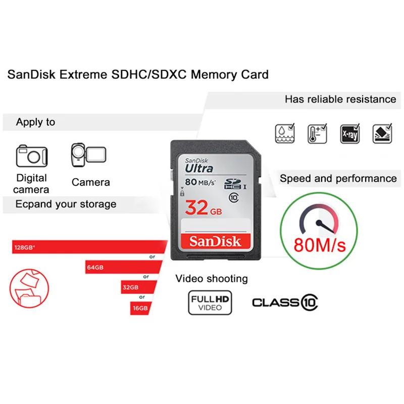 Оригинальная sd-карта SanDisk, 32 ГБ, экстремально высокая скорость, карта памяти SD, 32 ГБ, класс 10 U3, SDHC, 8 ГБ, класс 4, карта памяти для камеры USH-I/II