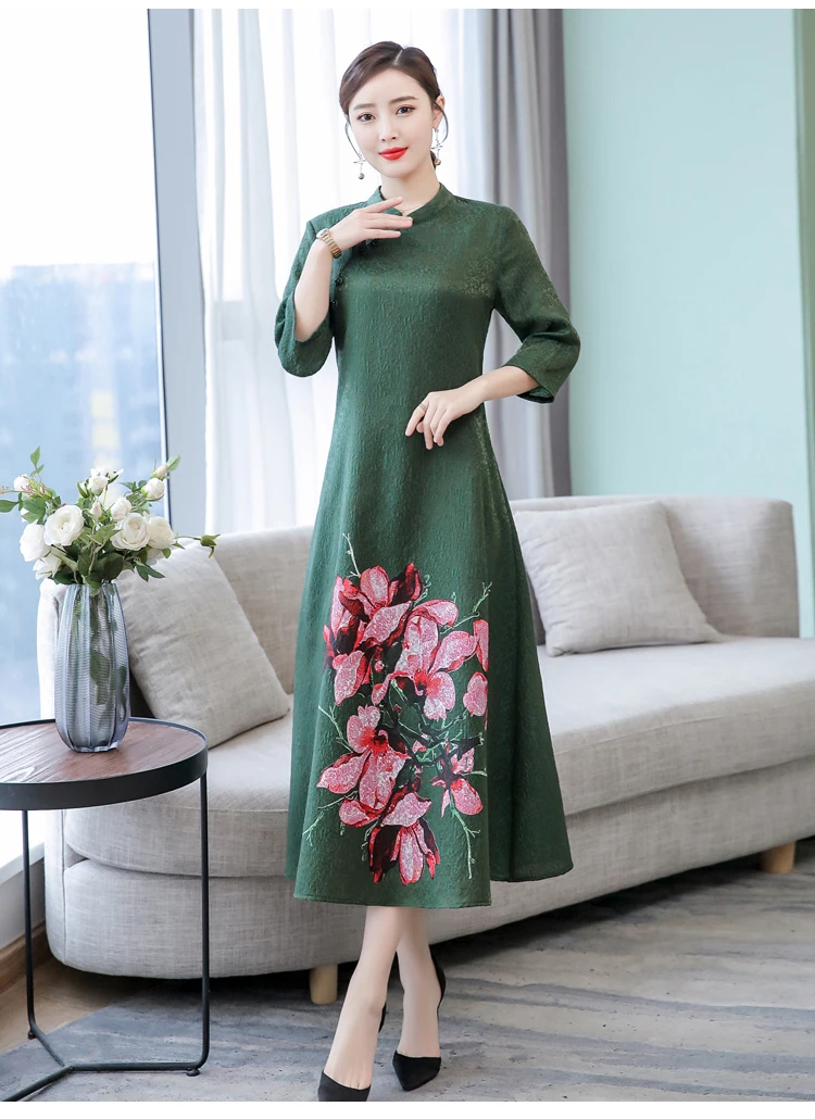 Женское платье большого размера, M-4XL, весна, Ретро стиль, cheongsam, платье с принтом, свободное платье, высокое качество, элегантное платье, DV635