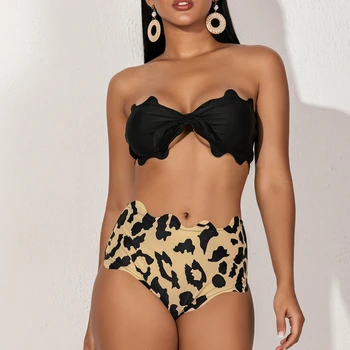 

High Waist Bikini Leopard Bandeau Women Ruffled Swimsuit Push Up Swimwear High Waist Bathing Suit Biquin Women Bikinis 2020