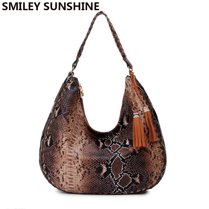 buy SMILEY SUNSHINE Snake print big women bags vintage large hobo brown shoulder bag female purse and handbags ladies hand bags 2019