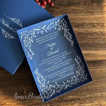 

2020 white print clear acrylic wedding invitation with leaves design with blue box