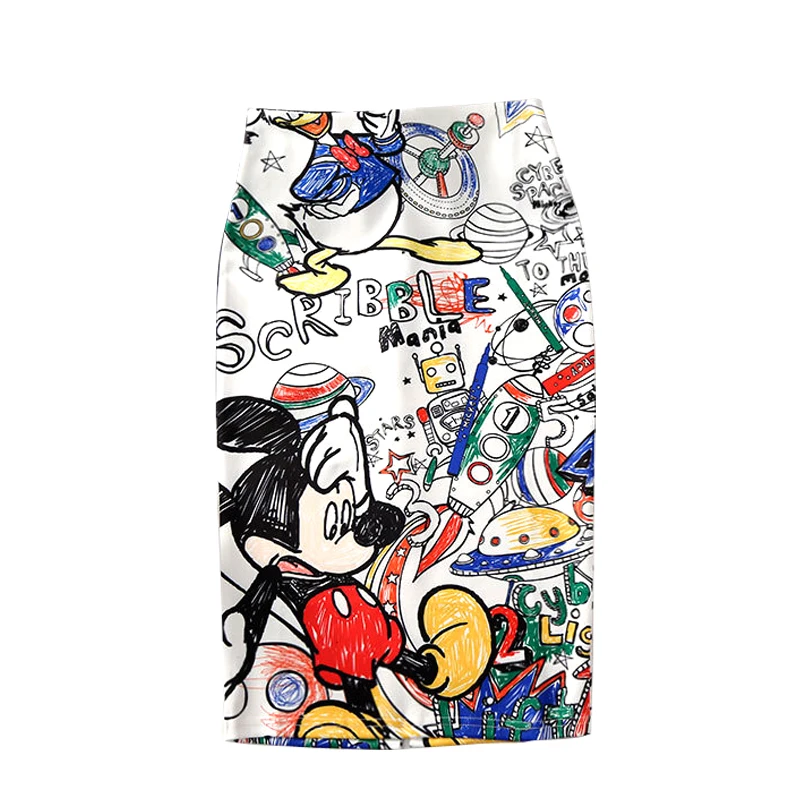 

Spring cartoon printed half-length in a long step skirt 2019 female summer high waist bag hip thin skirts