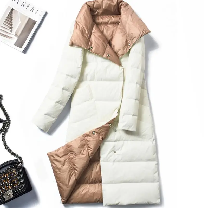 Женский Двухсторонний пуховик, Длинная зимняя куртка с высоким воротником, модный светильник, тонкий пуховик, двубортная парка, теплая зимняя верхняя одежда