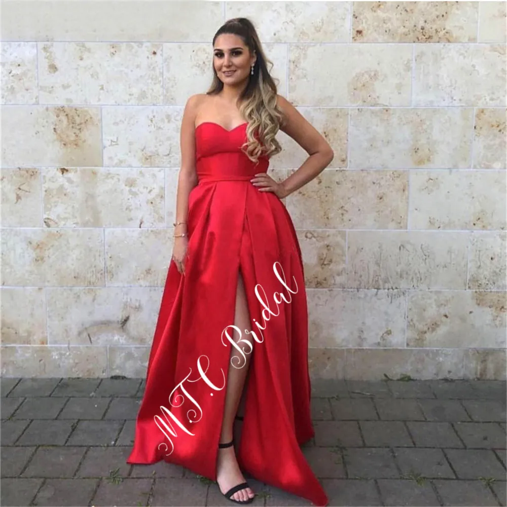 Элегантное Длинное Красное Вечернее платье с высоким разрезом Милая линии атласная высококачественный для Бала выпускников платья дешевые нарядные платья для свадьбы
