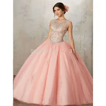 Румяна Розовый пышные платья бальное платье Совок Тюль бисером кристаллы дешевые Сладкие 16 Платья